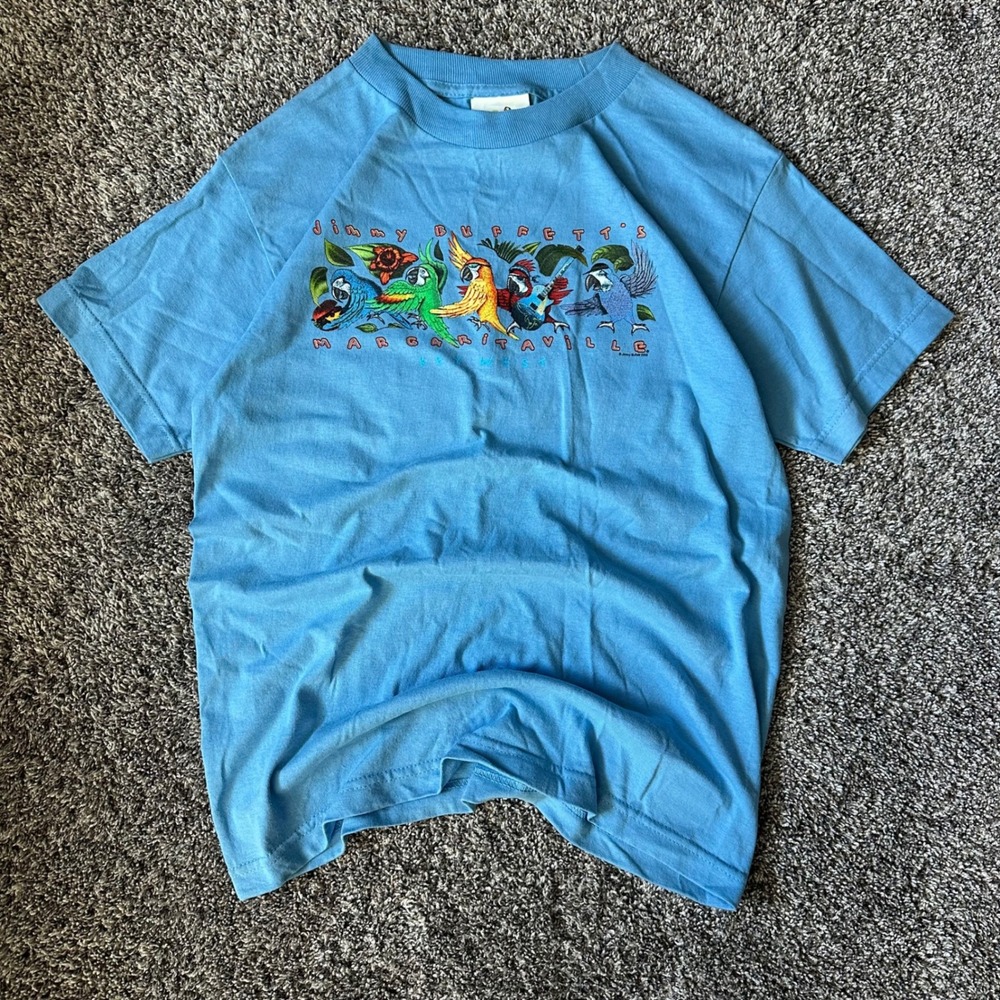Vintage Jimmy Buffett Margaritaville T-Shirt Blue Key West Parrot Graphic Large